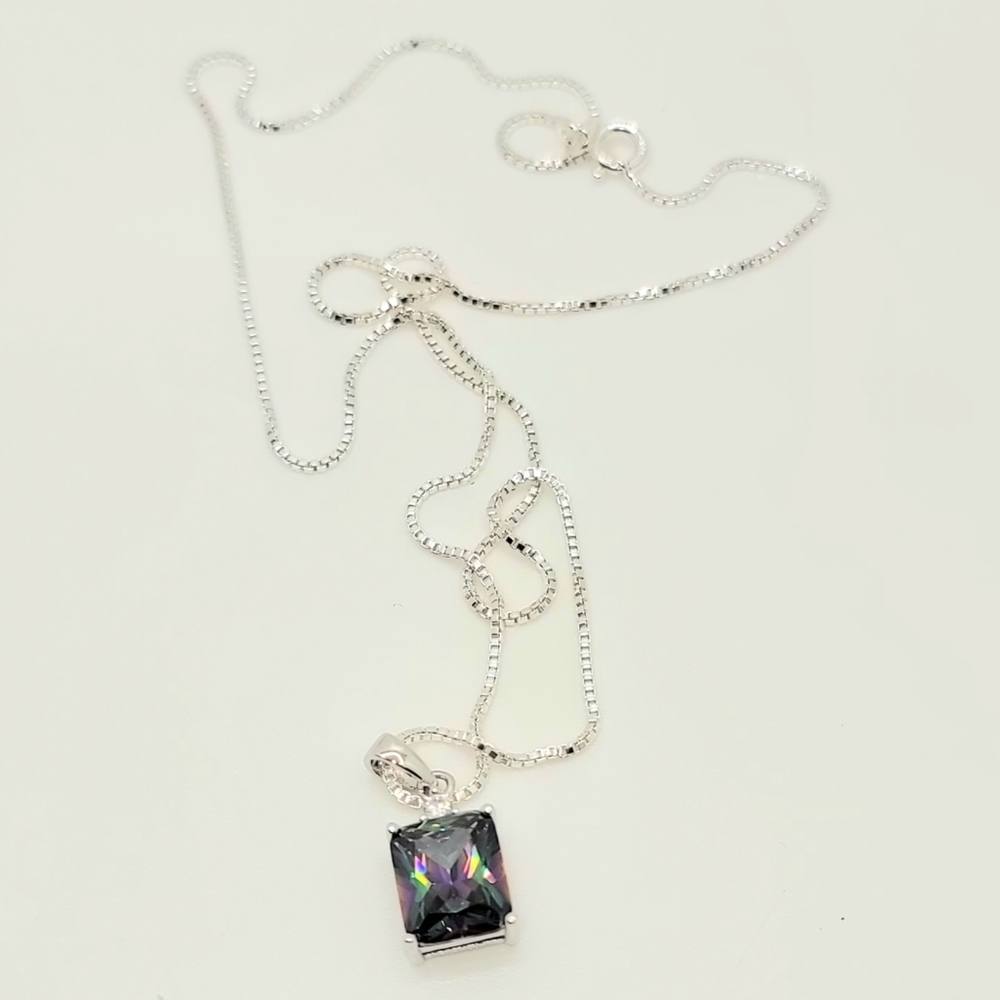 Sterling Silver Chain and Topaz Pendant with Small Rhinestone